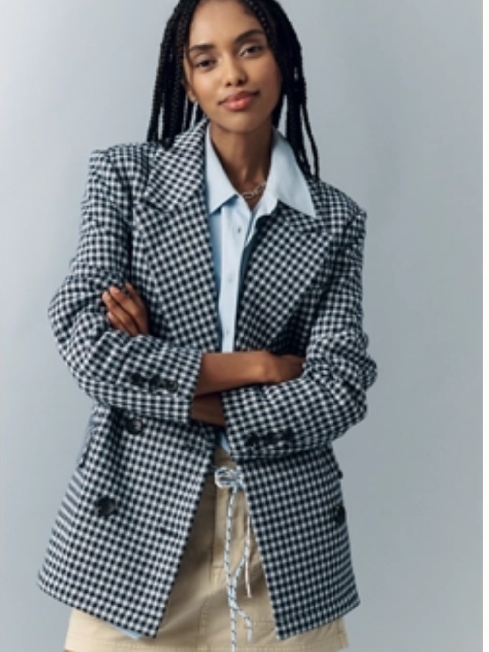 AVEC LES FILLES DOUBLE-BREASTED KNIT PLAID BLAZER